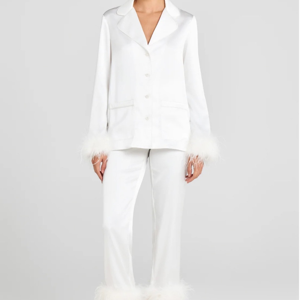 NADINE MERABI White Feather Trim Pajama Set NWT